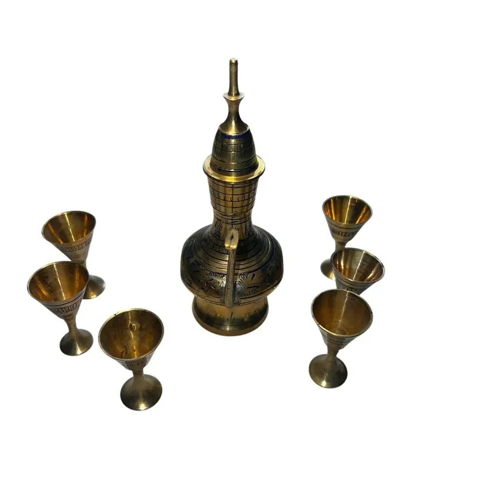 Vintage India Etched Brass Ewer Pitcher Decanter 6 Goblet Cup Set Ornate Boho